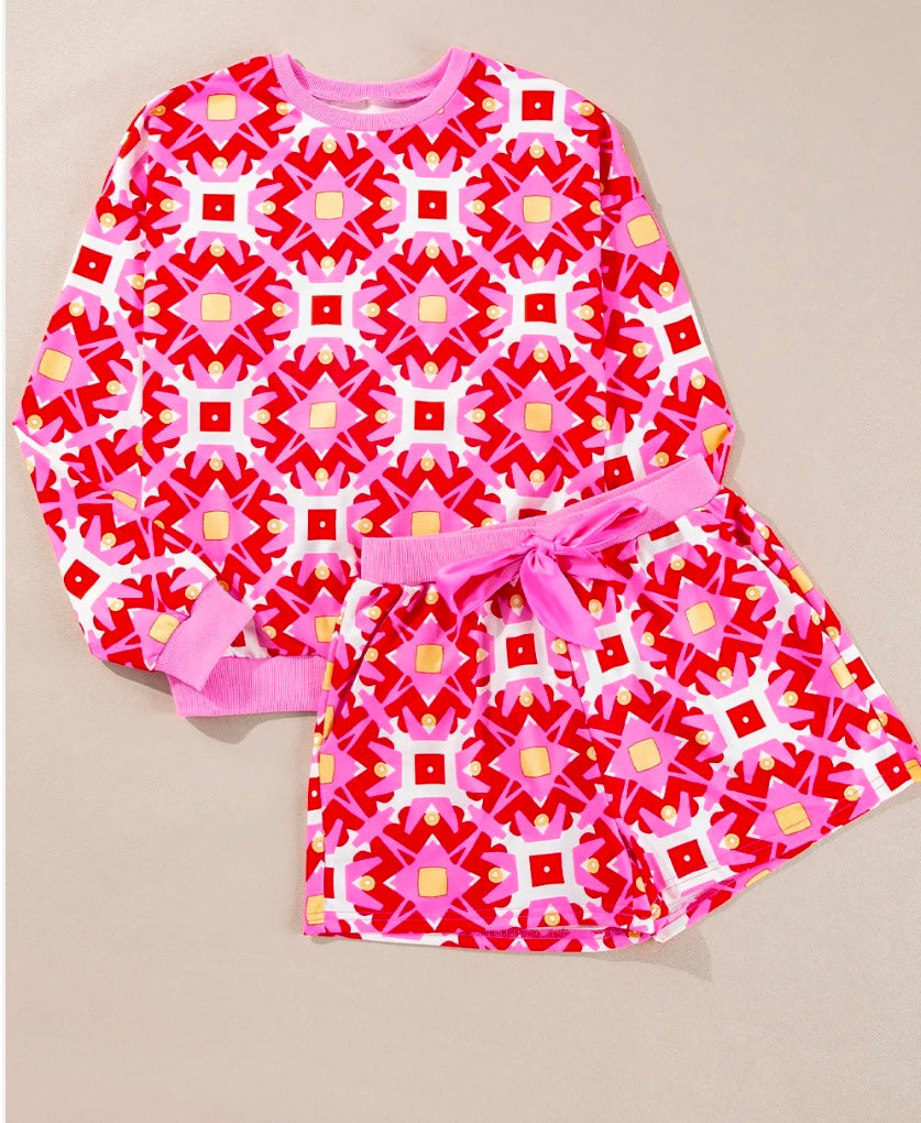 Geometric Round Neck Top and Shorts Set