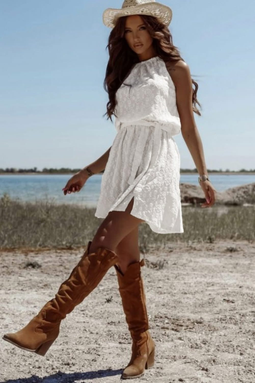 White Lace Sleeveless Tied Waist Mini Dress