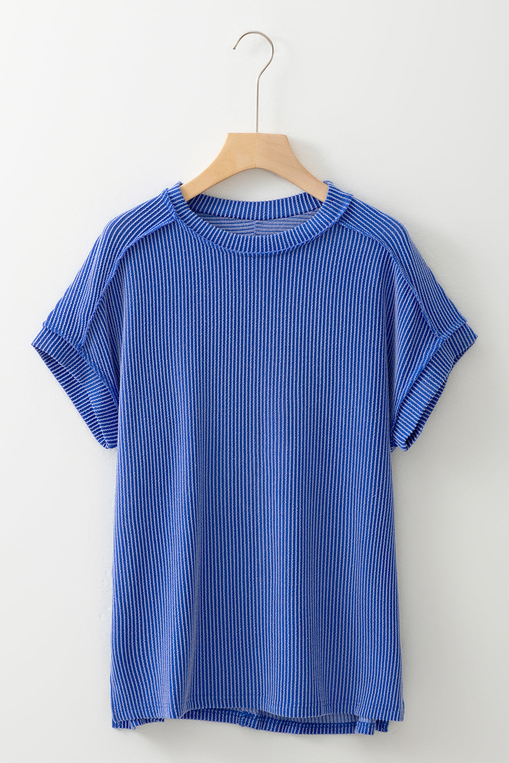 White Crinkle Rib Textured Knit Round Neck T Shirt