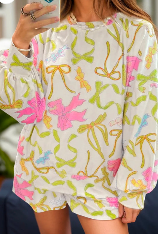 Printed Round Neck Long Sleeve Top and Shorts Set