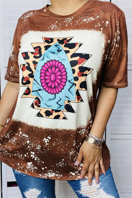 Leopard Aztec Jewel Print Short Sleeve Loose Top