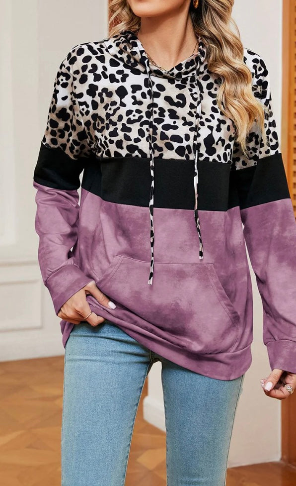 Leopard Drawstring Hoodie with Pocket