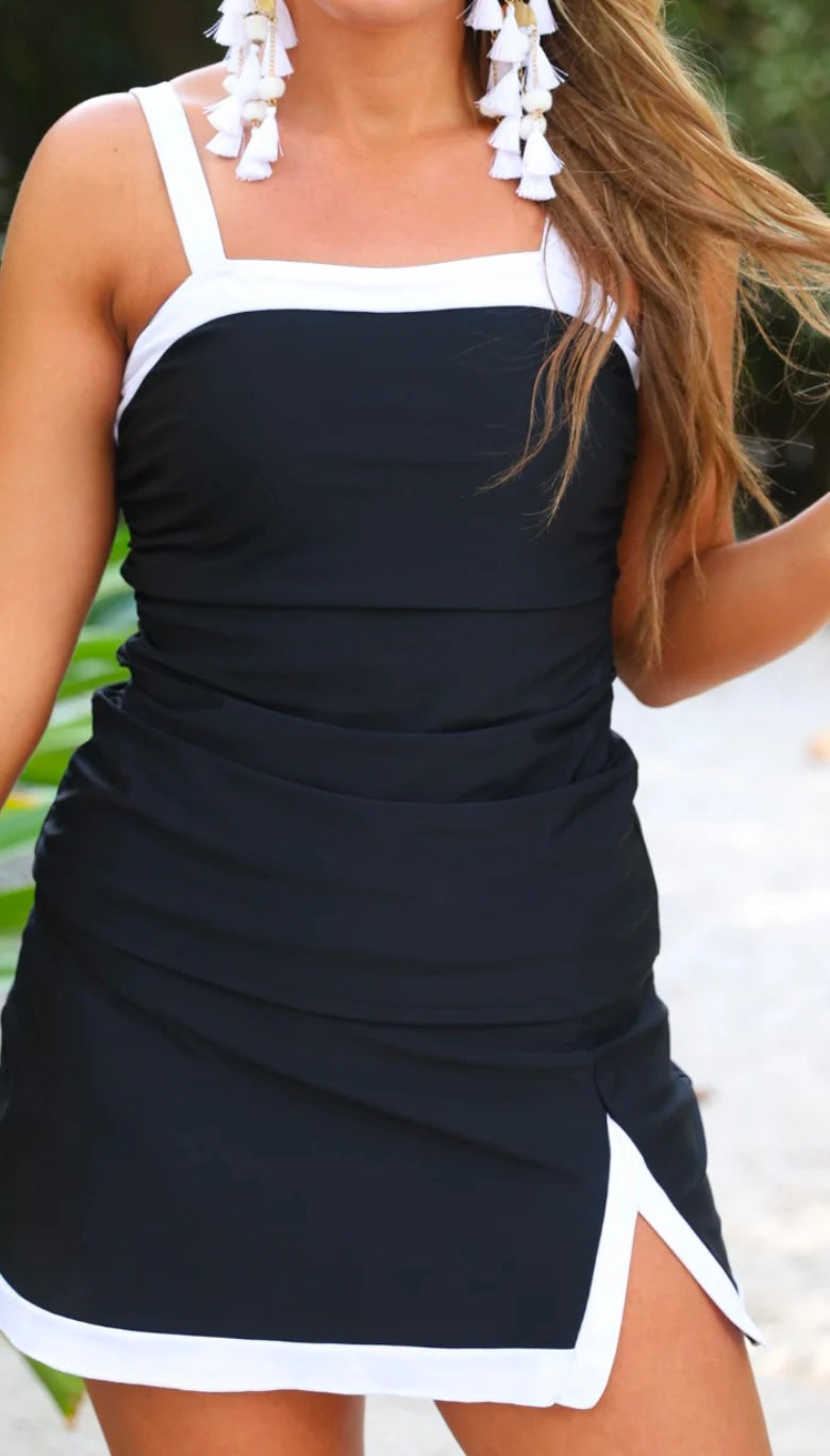 Hit The Pool Skirted Swimsuit, Black/White (Preorder)