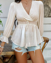 Load image into Gallery viewer, Devine Swiss Dot Lace Detail Surplice Flounce Sleeve Blouse
