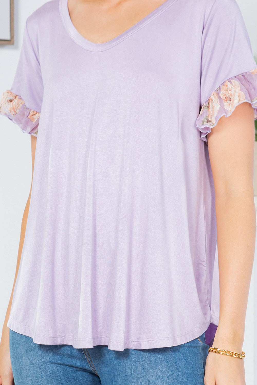 Ruffle Sleeve Contrast V Neck -2 Colors