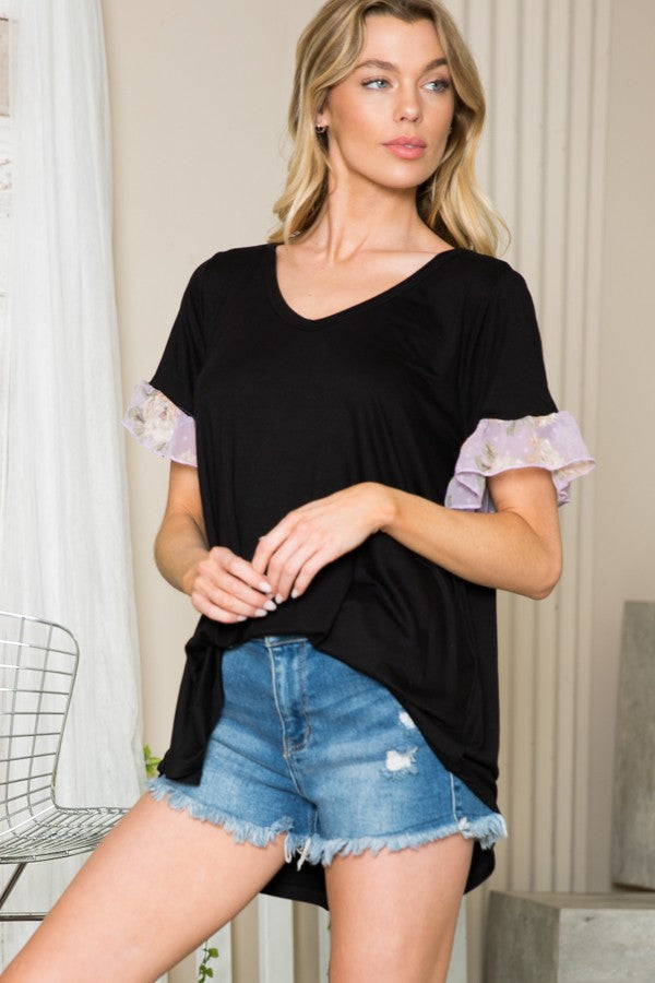 Ruffle Sleeve Contrast V Neck -2 Colors