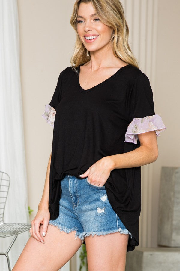 Ruffle Sleeve Contrast V Neck -2 Colors