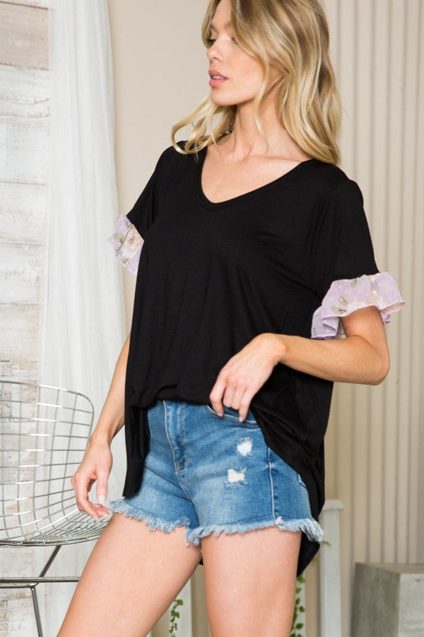 Ruffle Sleeve Contrast V Neck -2 Colors