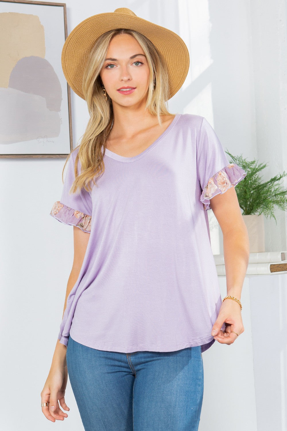 Ruffle Sleeve Contrast V Neck -2 Colors