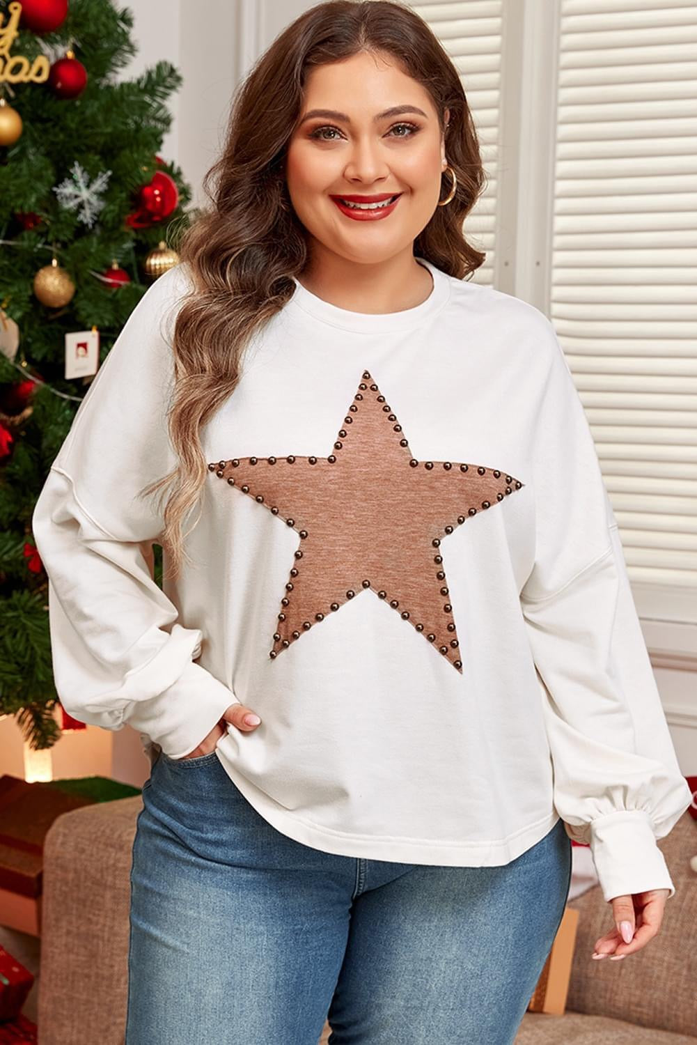 Beige Star Studded Plus size Longsleeve