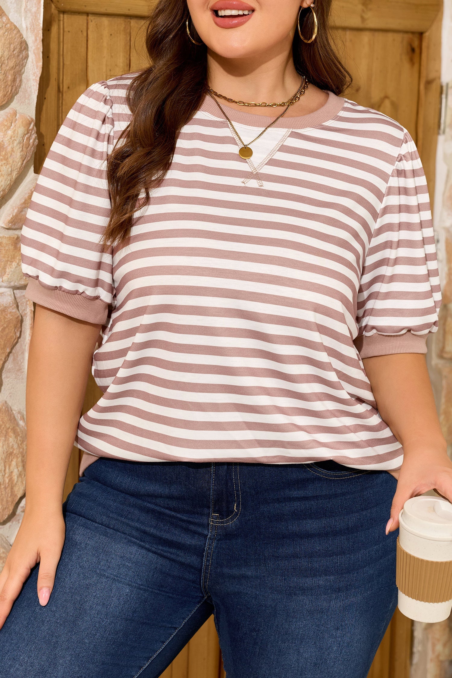 Zelda Puff Sleeve T PLUS Shirt Threaded Pear