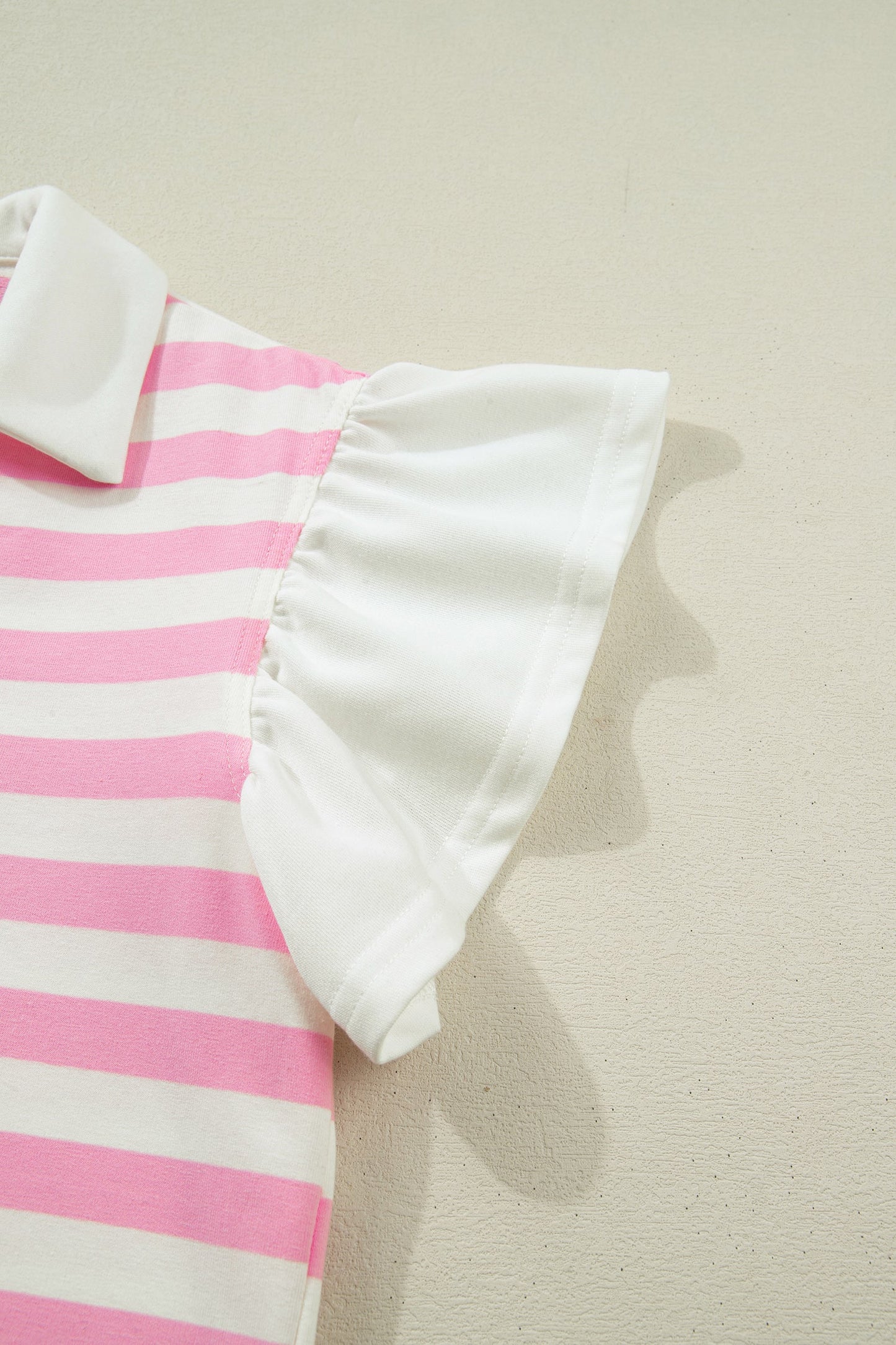 Pink Stripe Collar V Neck Ruffled Short Sleeve Blouse