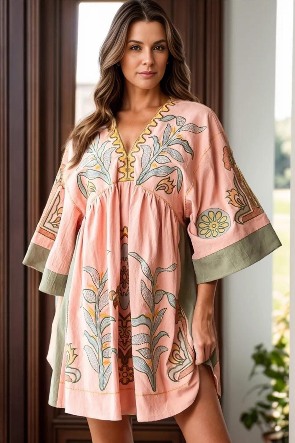 Printed Vneck Three Quarter Sleeve Mini Dress