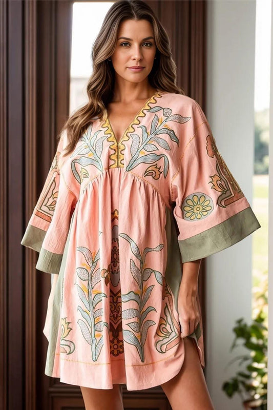 Printed Vneck Three Quarter Sleeve Mini Dress