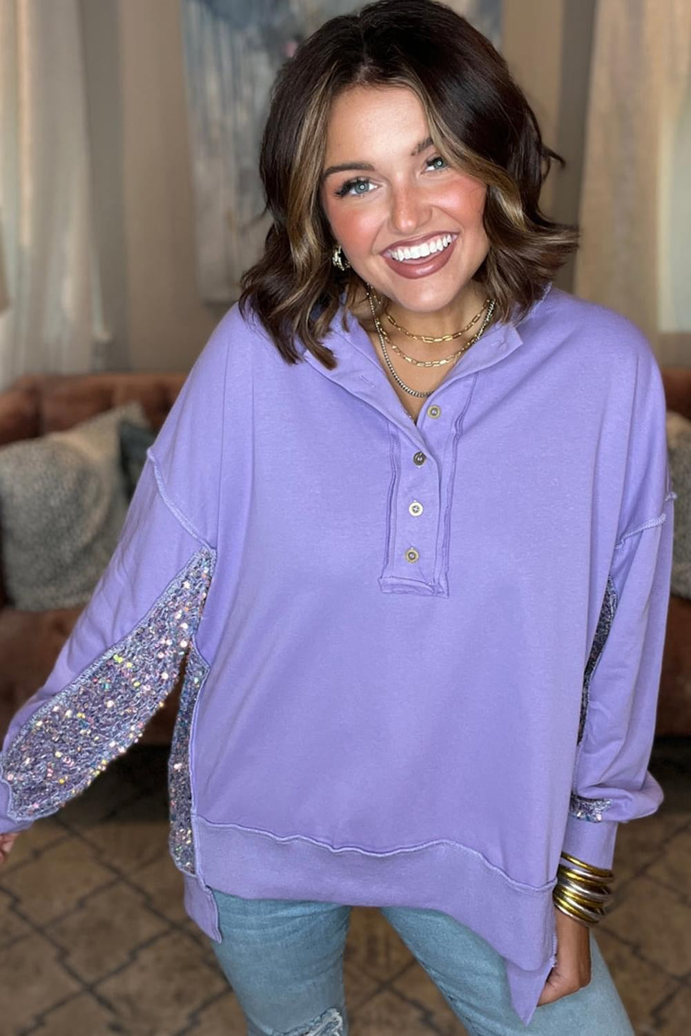 Black Sequin Patchwork High low Sweatshirt