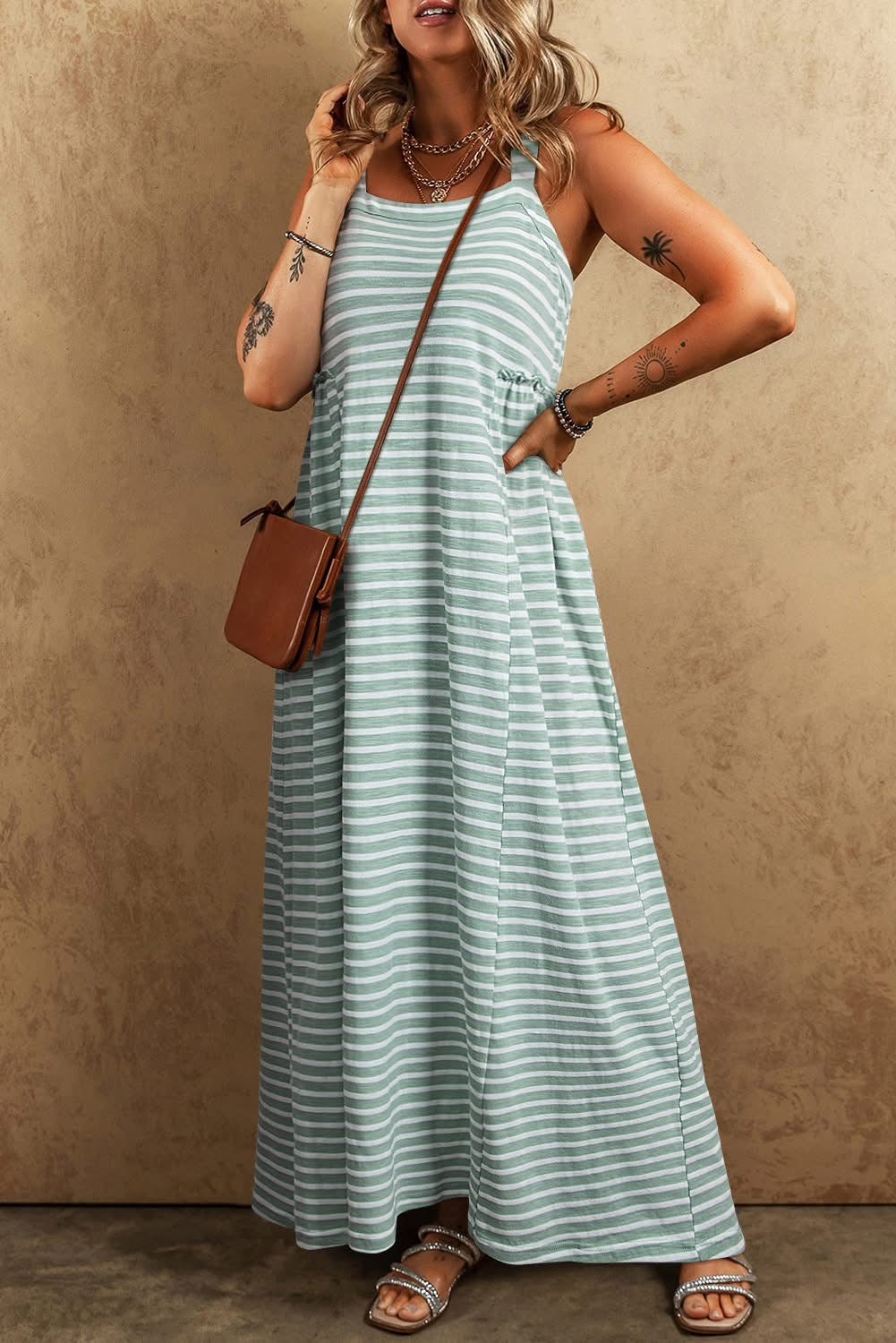Green Stripe High Waist Sleeveless Maxi Dress