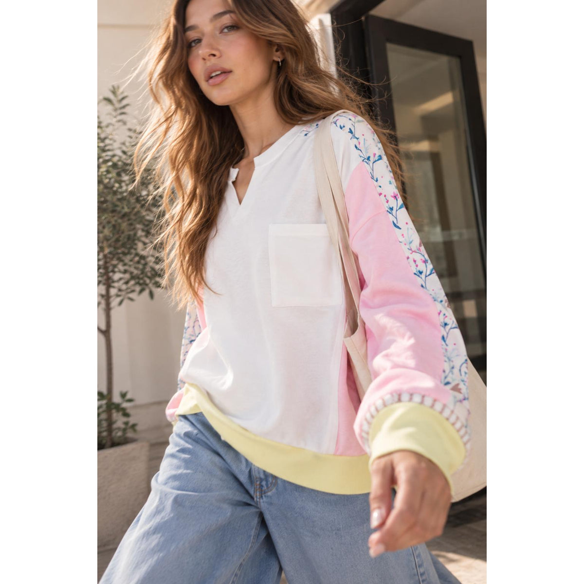 Boho Cotton Solid Floral Patch Oversized Bishop Sleeve Pocket Top