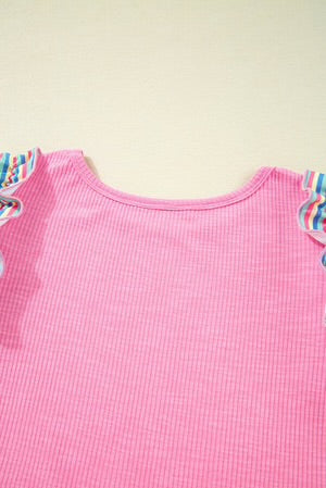 SWEET AS CANDY PINK STRIPED FLUTTER SLEEVE BLOUSE **SHIPPING EXPECTED TO BEGIN ON DATE 3/30**