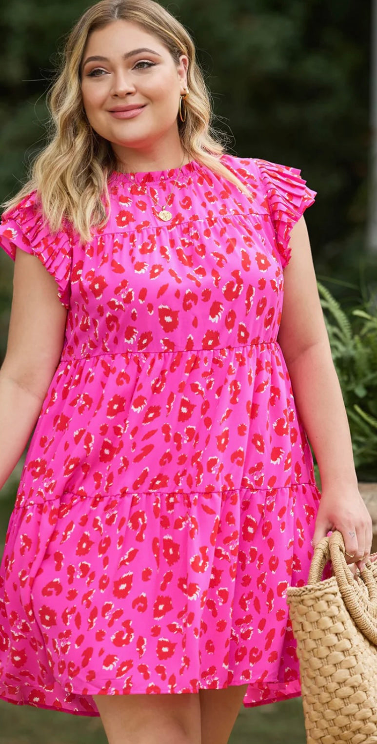 Plus Size Ruffled Leopard Cap Sleeve Mini Dress