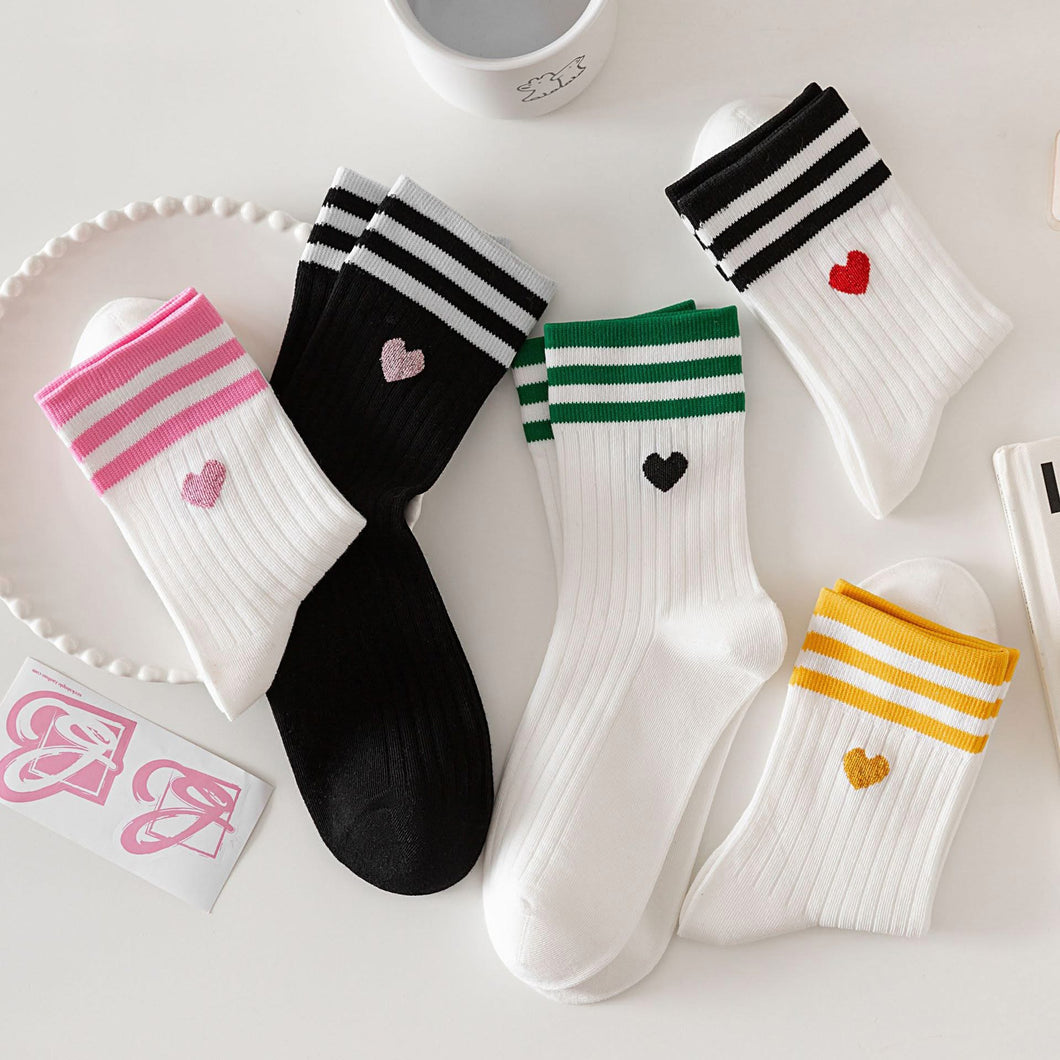 Adult Stripe And Heart Cotton Socks