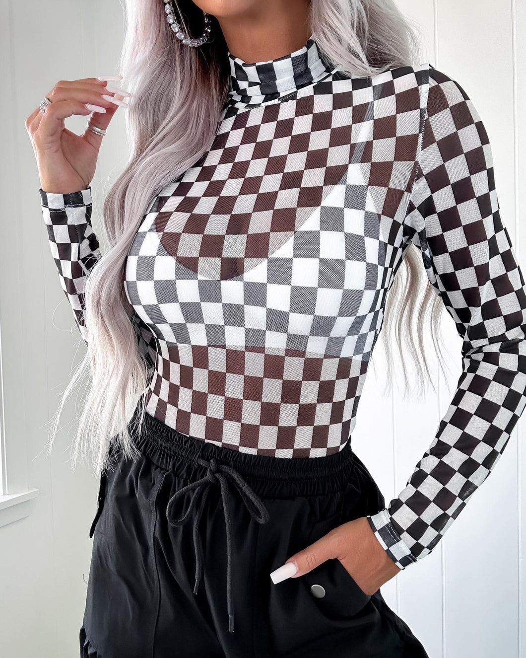 Checkered High Neck Mesh Bodysuit