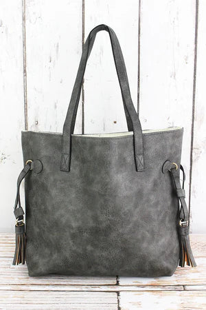 Faux Leather Slide Tassel Tote