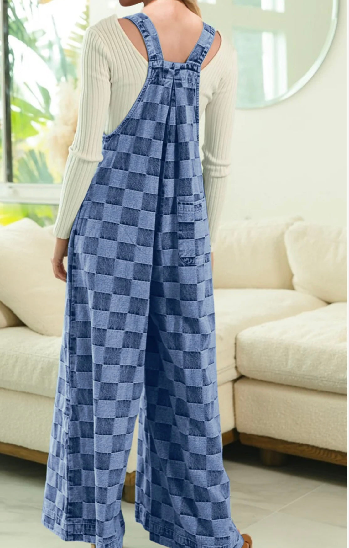 Double Take Checkered Sleeveless Wide Leg Denim Jumpsuit