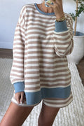 PORTSIDE LOUNGE KHAKI STRIPE OVERSIZED PULLOVER AND SHORTS SET