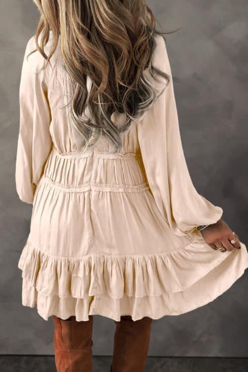Apricot Tiered Ruffled Puff Sleeve Mini Dress