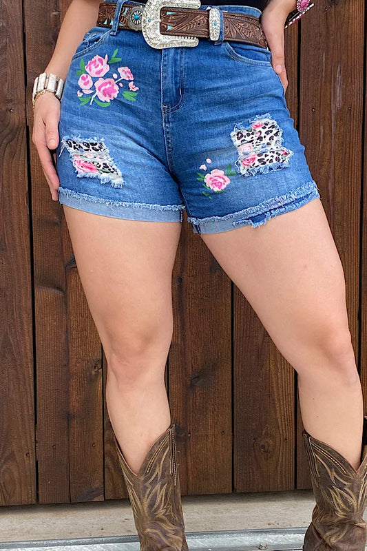 Blue Denim Floral Shorts