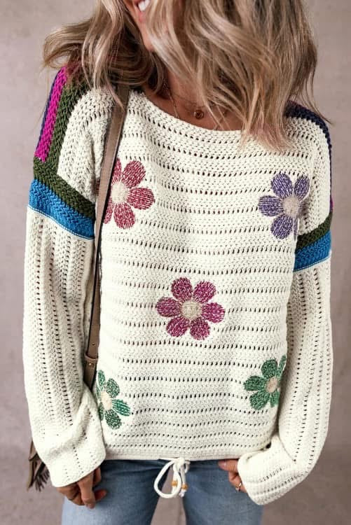 White Daisy Pointelle Knit Sweater