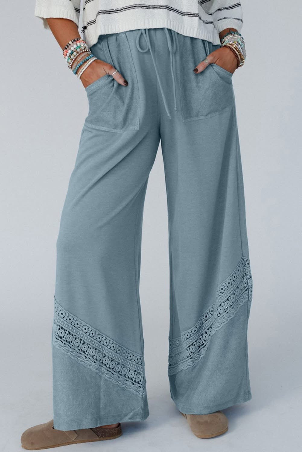 Dusk Blue Lace Crochet High waist 
Wide leg pants