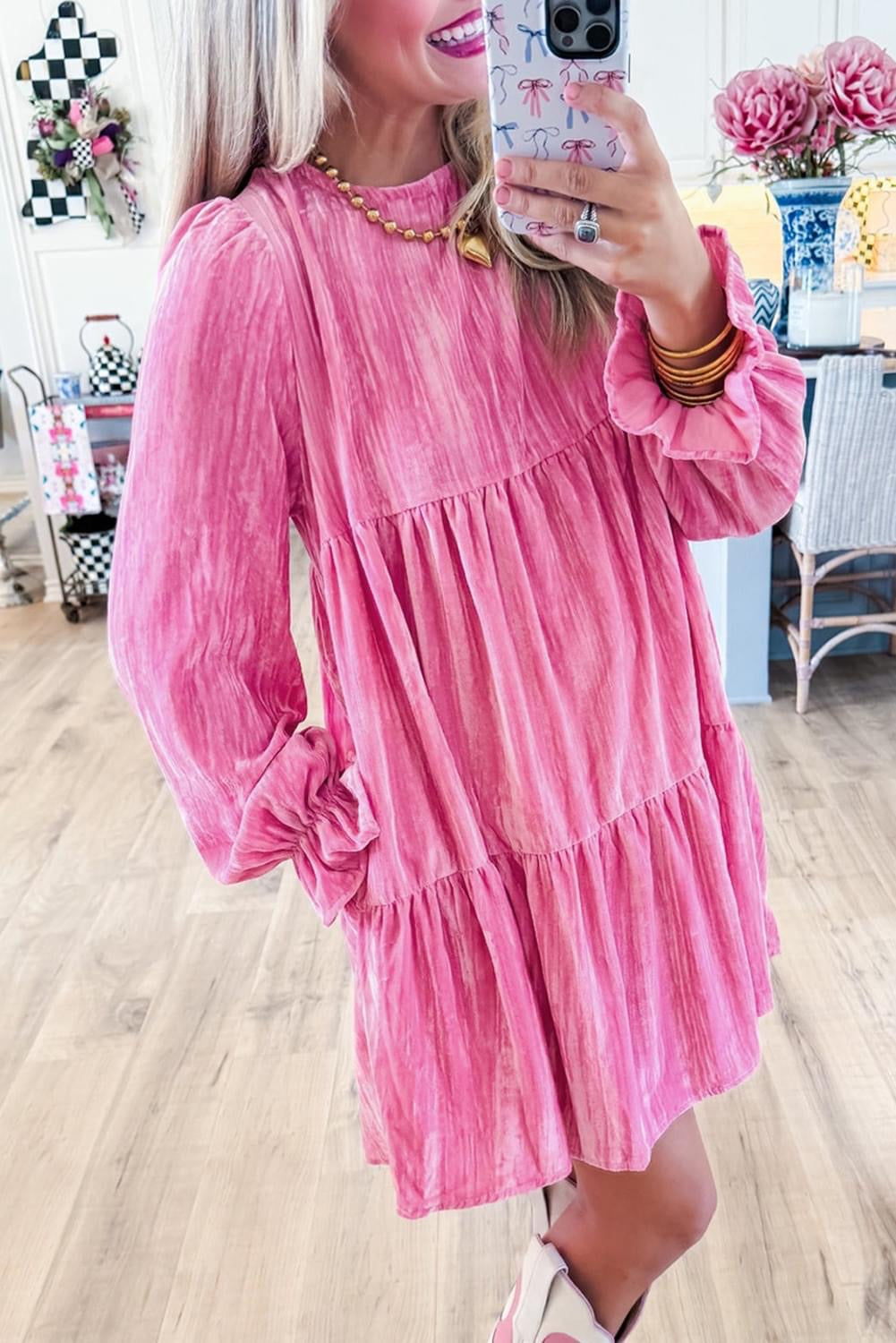 Strawberry Pink Tiered Ruffled Velvet Mini Dress