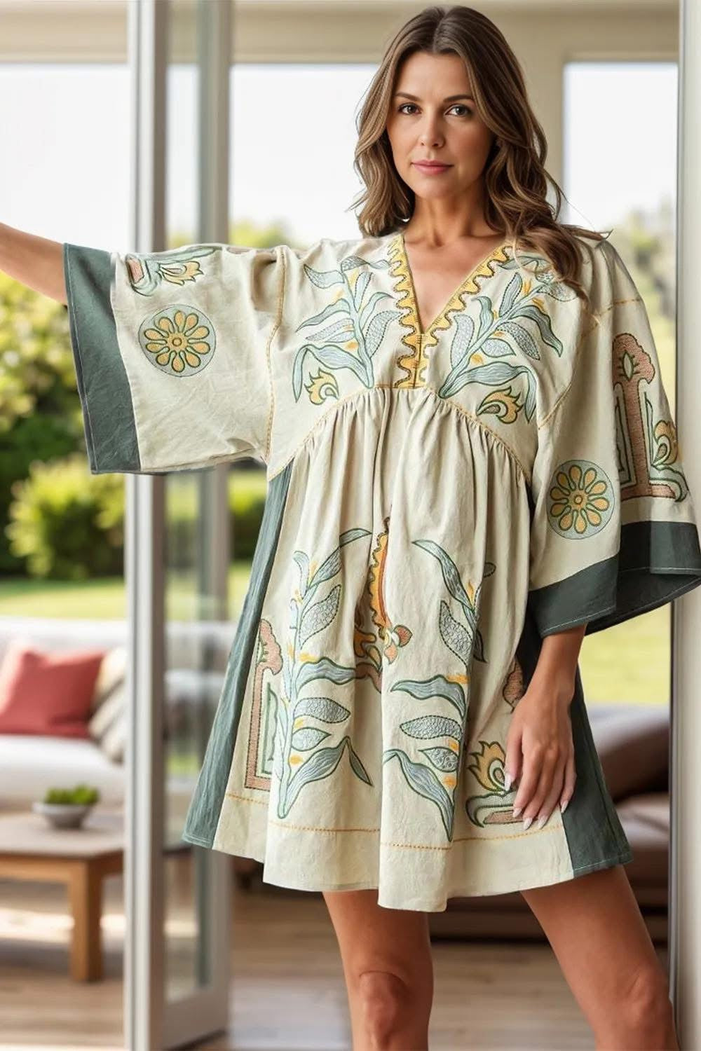 Printed Vneck Three Quarter Sleeve Mini Dress