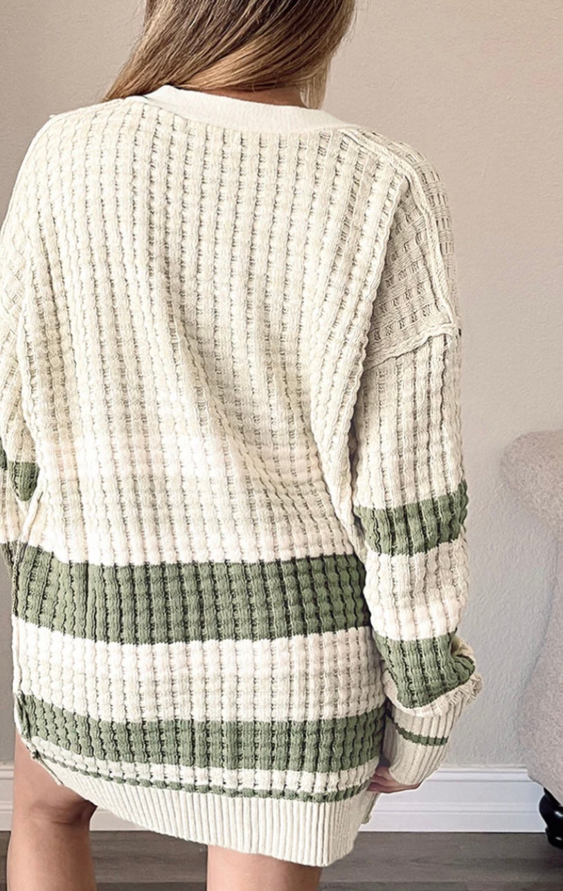 Plus Size Striped Button Up Dropped Shoulder Cardigan
