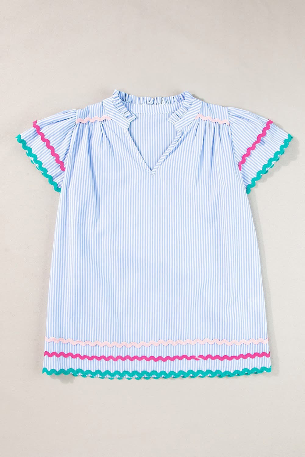 Trista Simpson Pink Stripe Ricrac Trim Ruffled Blouse