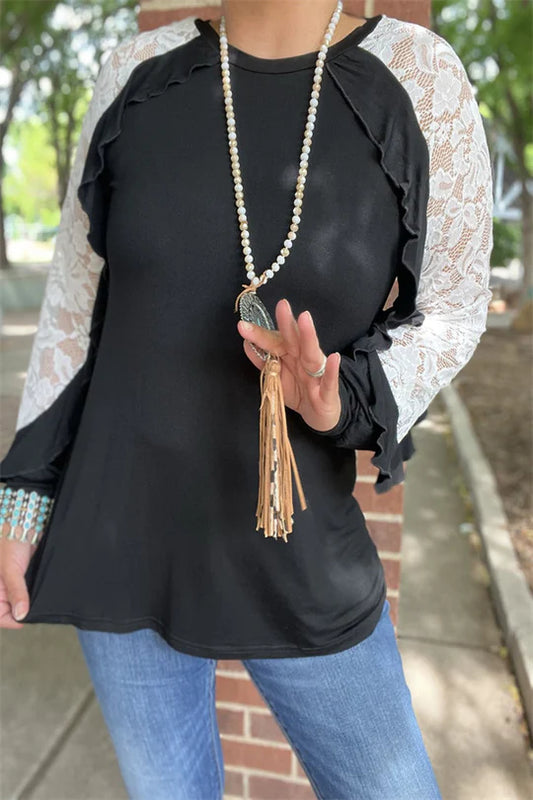 Black Ruffle Printed Lace Long Sleeves Raglan Lady charmonline
