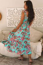Load image into Gallery viewer, Green Abstract Smocked Bodice Knotted Straps Ruffled Maxi Dress
