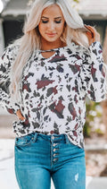Cow Print Keyhole Long Sleeve Top