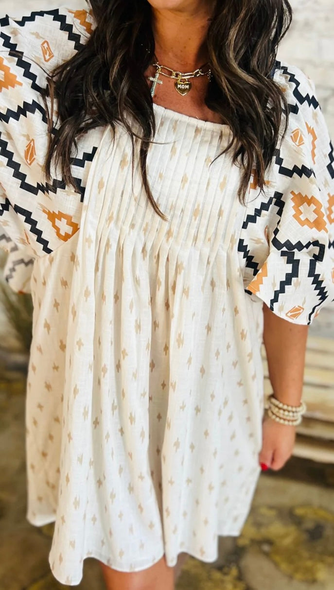 Geometric Square Neck Half Sleeve Mini Dress