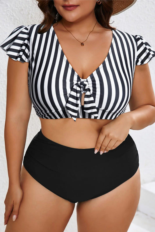 Black Stripe Knot Ruffle Sleeve and High Waisted 2pcs Swimsuit