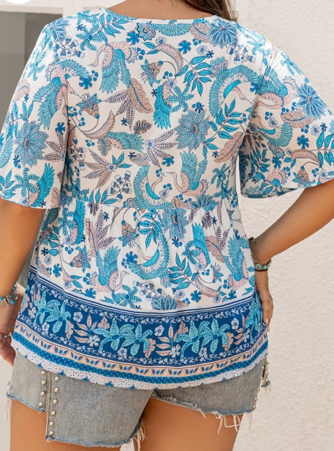 Plus Size Printed V-Neck Half Sleeve Blouse