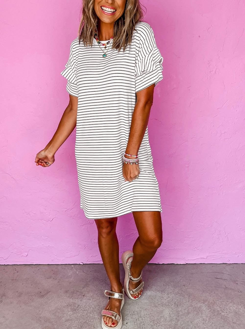 White Stripe Ruffled Crew Neck T shirt dress