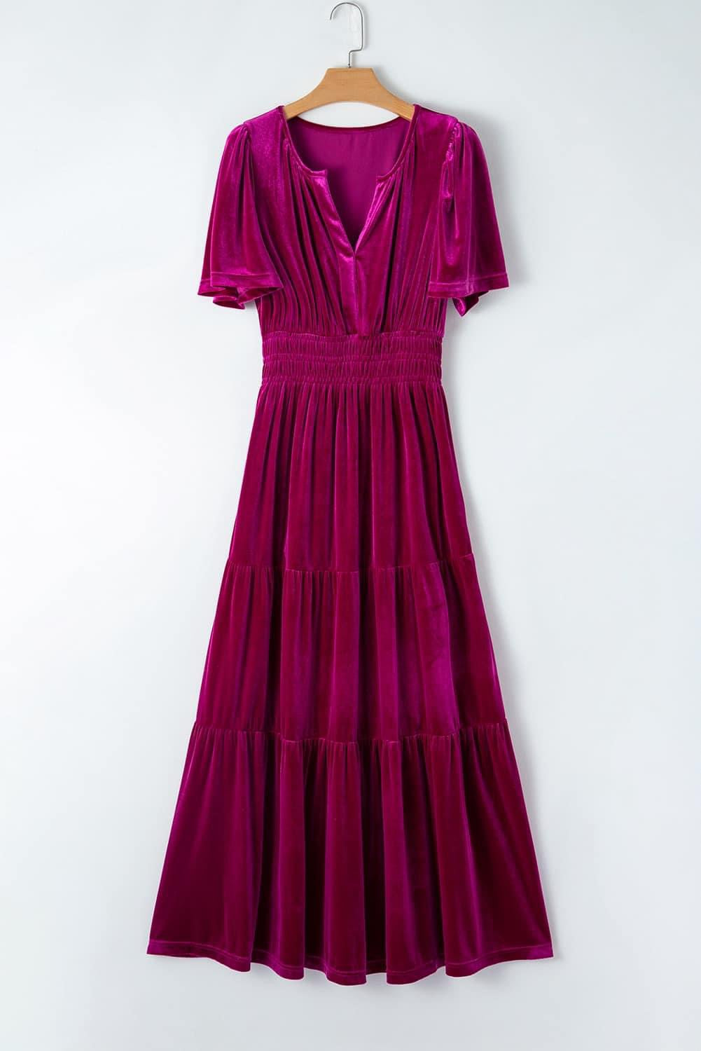 Red Dahlia Velvet Shirred Waist Tiered Maxi Dress