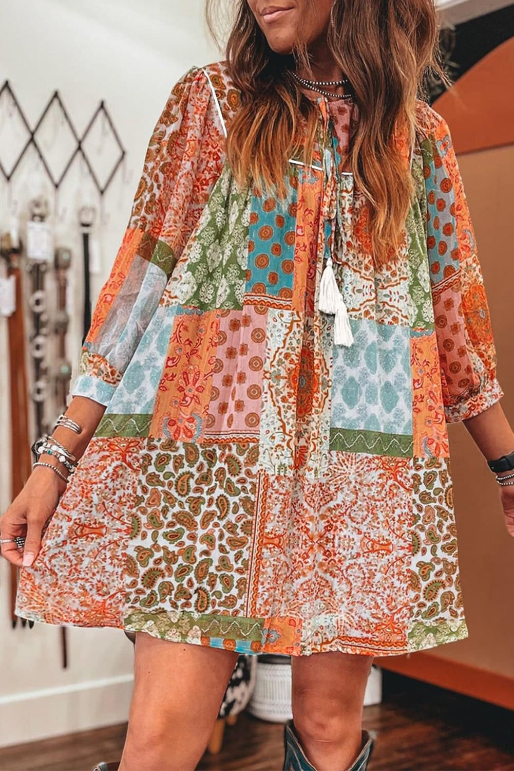 Boho Paisley Print 3/4 Sleeve Chiffon Dress