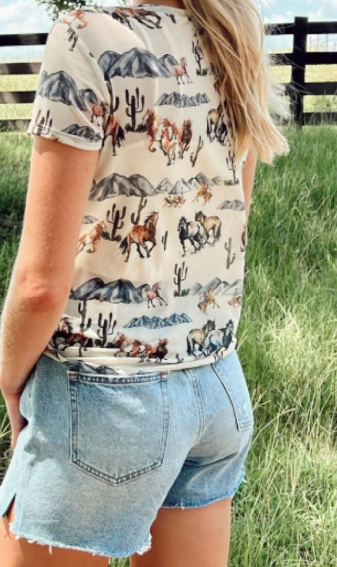 Western Fashion Mustang River Printed Mesh T Shirt
