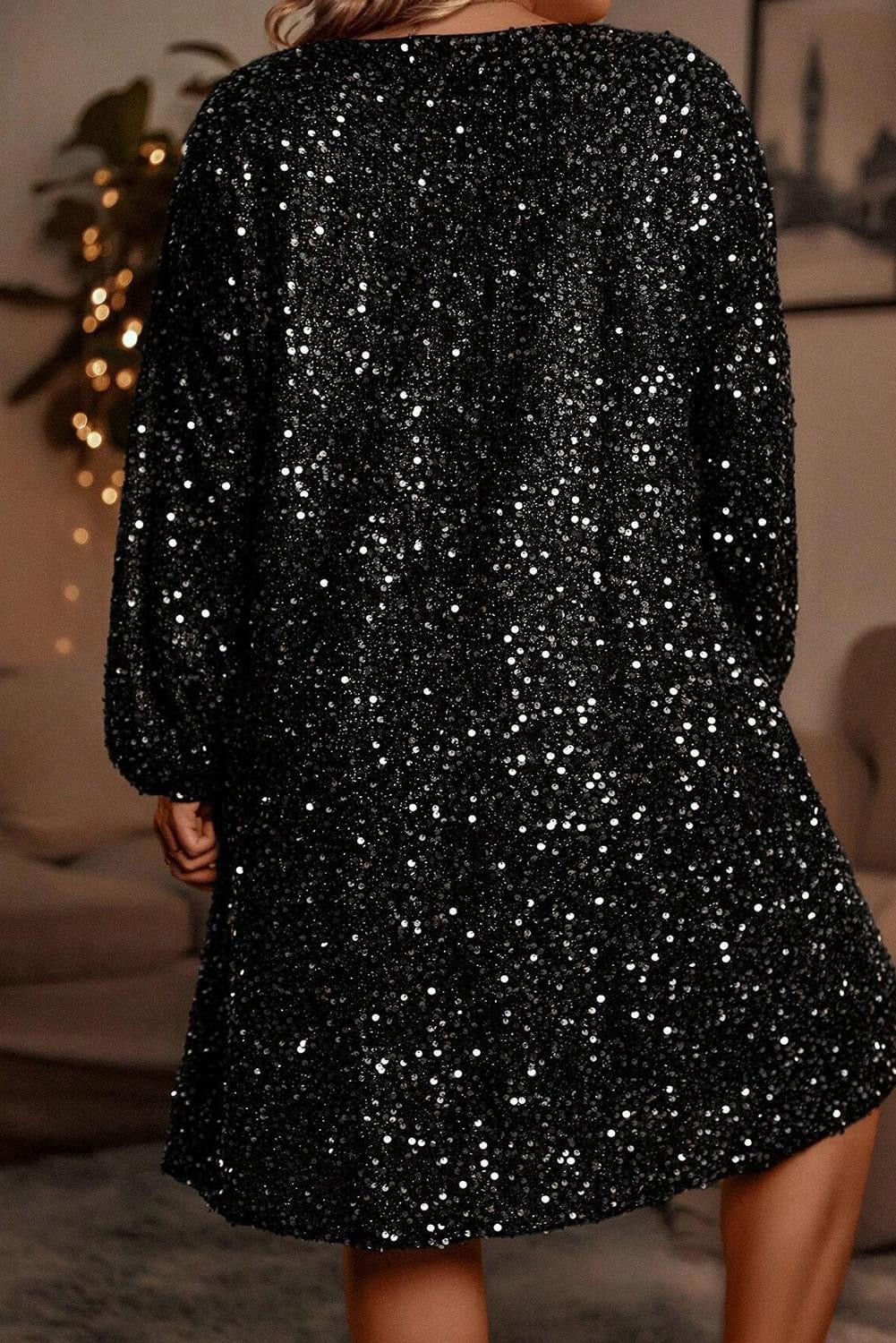 Black Plus Size Bubble Sleeve V neck Sequin dress