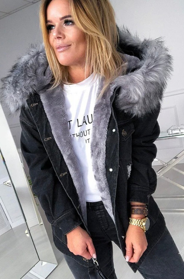 Ripped Denim Fleece Hooded Jacket