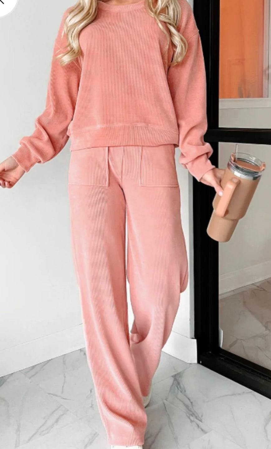 Round Neck Long Sleeve Top and Pants Set