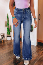 Load image into Gallery viewer, High Rise Dual Button Distressed Raw Hem Flared Jeans
